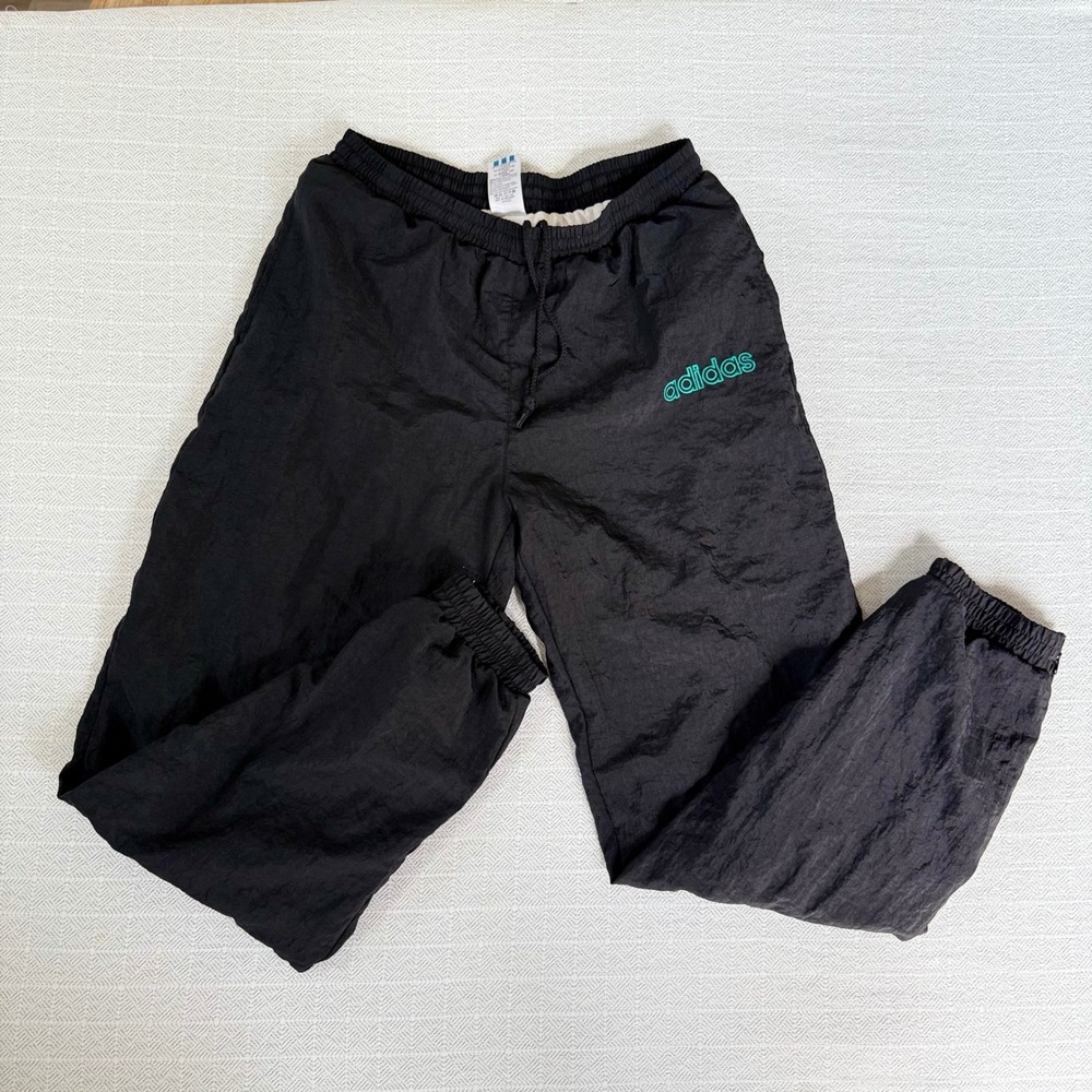 Vintage Adidas Nylon Track Pants Black Teal Logo Windbreaker Mens Medium